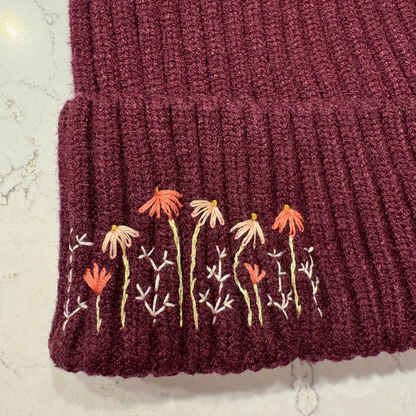 Hand Embroidered Dainty Floral Beanie