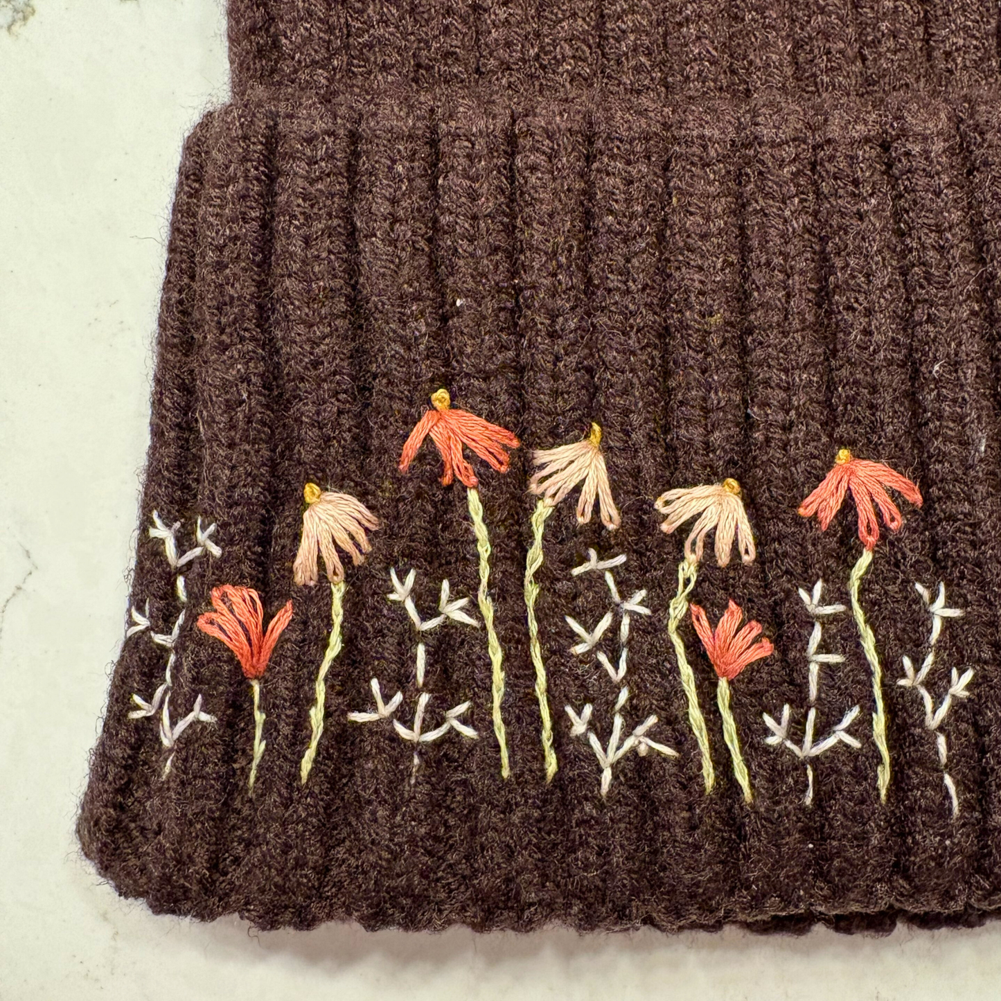 Hand Embroidered Dainty Floral Beanie