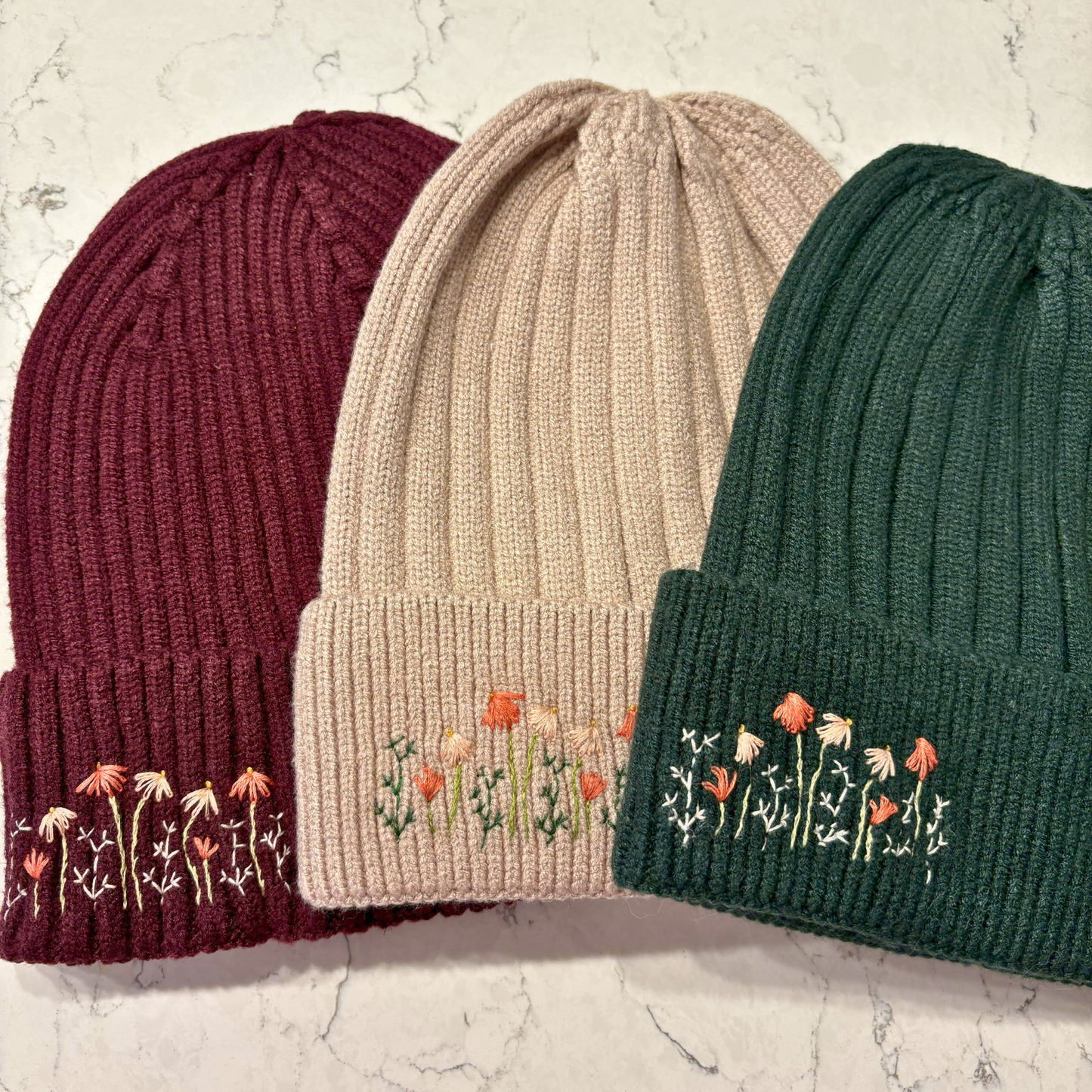 Hand Embroidered Dainty Floral Beanie