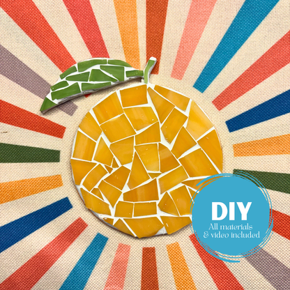 Mosaic orange on a colorful striped background with 'DIY' label.