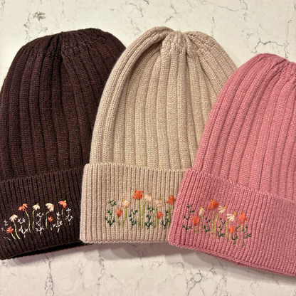 Hand Embroidered Dainty Floral Beanie