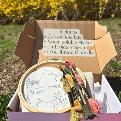 Embroidery kit with hoop, thread, and tools in an open cardboard box outdoors.