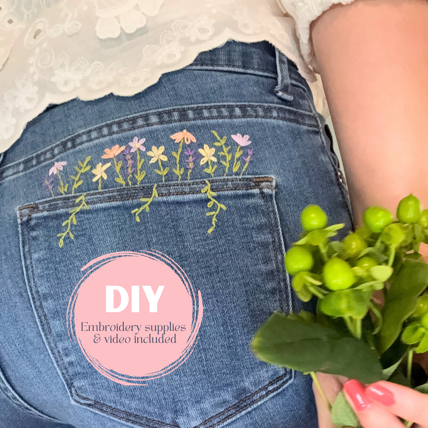 DIY Jean Pocket Floral Embroidery Kit