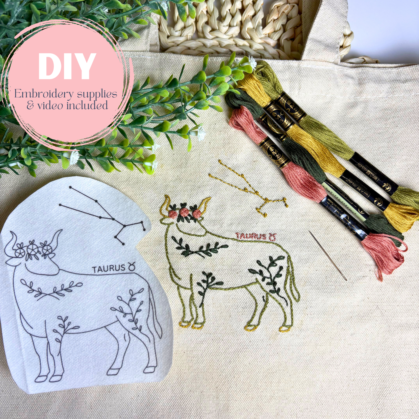 Embroidery kit with Taurus design, embroidery thread, and a pink 'DIY' label.