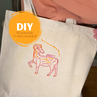 Canvas tote bag with aries embroidered design. 