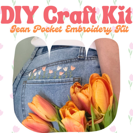 Video of embroidery jean process from doing floral stitches to washing off the dissolvable sticker.