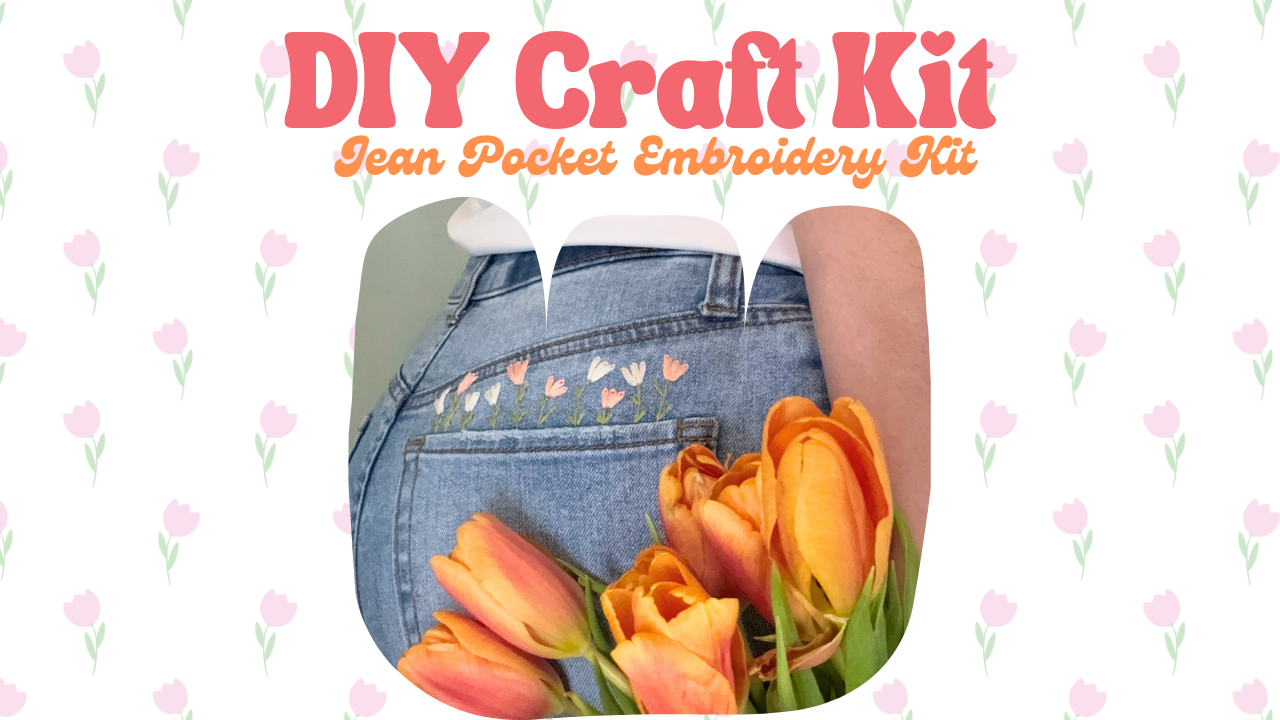 Video of embroidery jean process from doing floral stitches to washing off the dissolvable sticker.